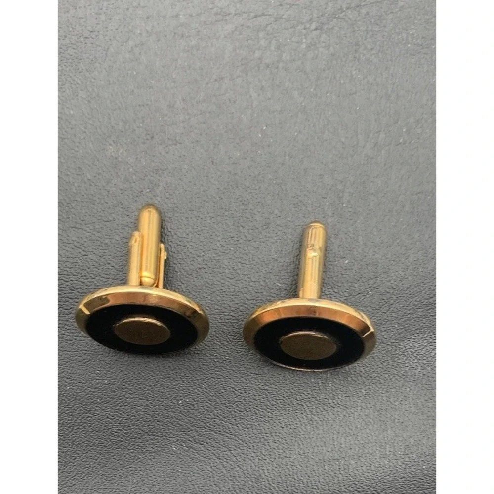 Vintage Swank Gold Tone And Matte Black Round Classic Cufflinks Signed